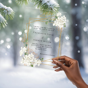 Invitations En Acrylique Mariage cadre géométrique or fleurs blanches clair