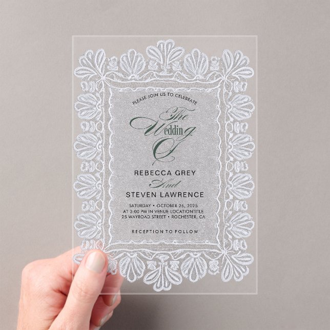 Invitations En Acrylique Mariage calligraphié en dentelle blanche chic (In situ (ordinateur de poche))