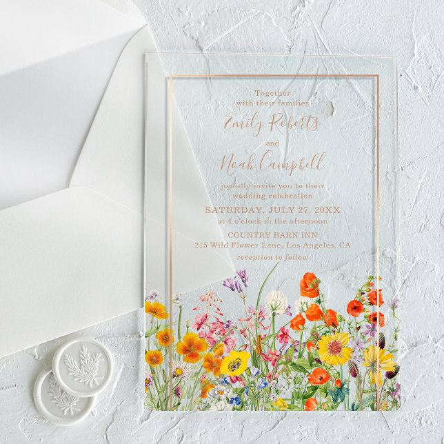 Invitations En Acrylique Mariage campagnard aux fleurs sauvages colorées (Créateur téléchargé)