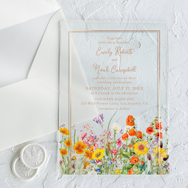 Invitations En Acrylique Mariage campagnard aux fleurs sauvages colorées (Créateur téléchargé)