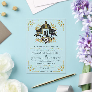 Invitations En Acrylique Mariage campagnard noir et or