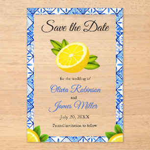 Invitations En Acrylique Mariage Carrelage Bleu Méditerranéen Sauvez la dat