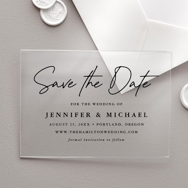 Invitations En Acrylique Mariage Casual Black Script Enregistrez la Date (Créateur téléchargé)
