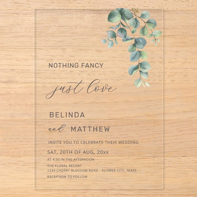 Invitations En Acrylique Mariage Casual Fleurs Aquarelle Feuillage (Recto)