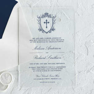 Invitations En Acrylique Mariage Catholique Bleu Navy Victorien