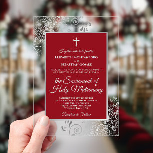 Invitations En Acrylique Mariage Catholique Chic Rouge Cramoisi Élégant et