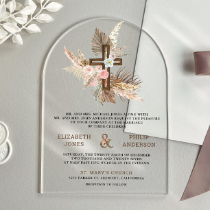 Invitations En Acrylique Mariage catholique croix en bois Bohème Pampas