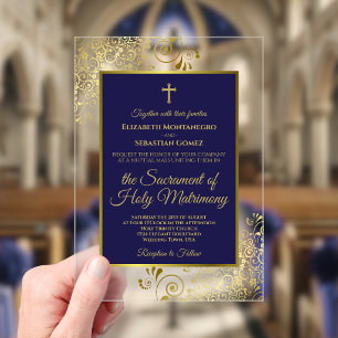 Invitations En Acrylique Mariage Catholique Élégant et Orné Bleu Nuit et Or