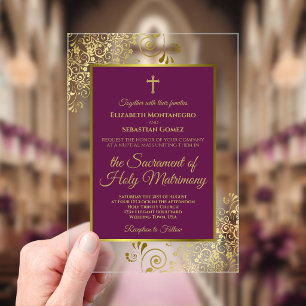 Invitations En Acrylique Mariage Catholique Élégant Magenta Prune & Or