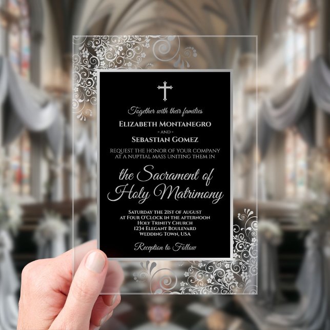 Invitations En Acrylique Mariage Catholique Élégant Noir et Argent Orné (Clear Acrylic with Rectangle Cut)