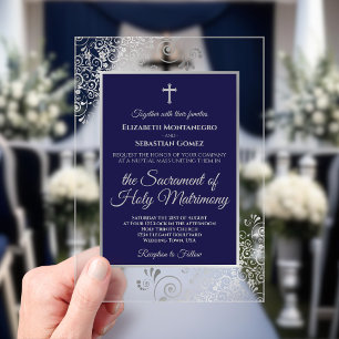 Invitations En Acrylique Mariage Catholique Élégant Orné Bleu Marine et Arg