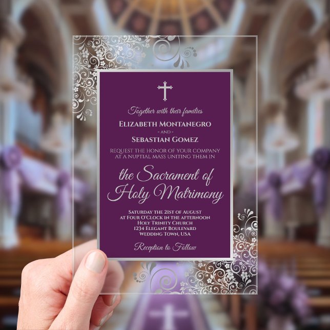 Invitations En Acrylique Mariage Catholique Élégant Prune Pourpre et Argent (Créateur téléchargé)