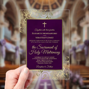 Invitations En Acrylique Mariage Catholique Élégant Prune Pourpre & Or Orné
