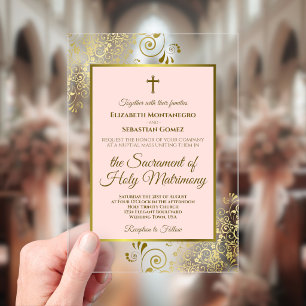 Invitations En Acrylique Mariage Catholique Élégant Rose Poudré et Or Orné