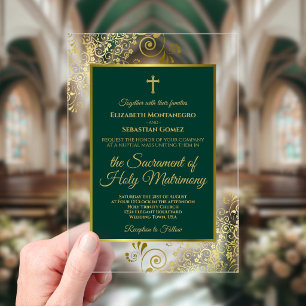 Invitations En Acrylique Mariage Catholique Élégant Vert Émeraude et Or