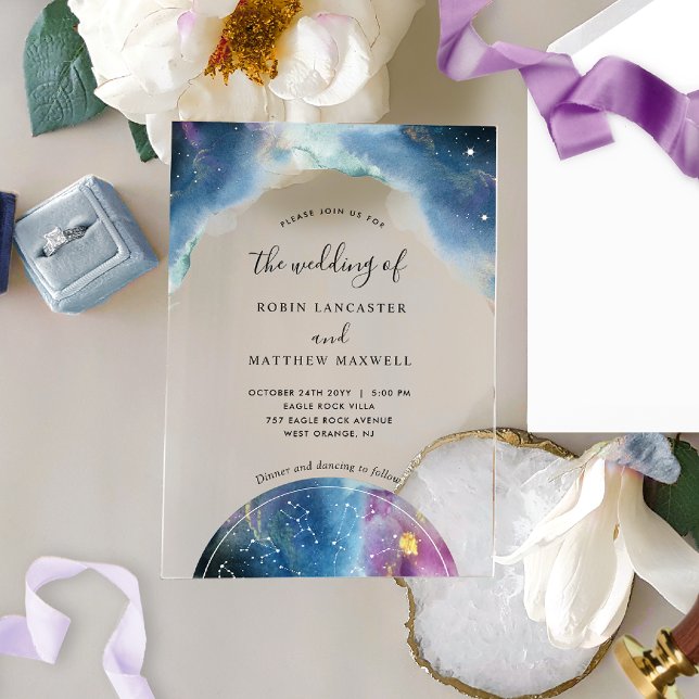 Invitations En Acrylique Mariage céleste à l'aquarelle bleu chic et violet (Créateur téléchargé)