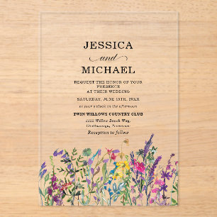 Invitations En Acrylique Mariage champêtre aux fleurs sauvages aquarelle