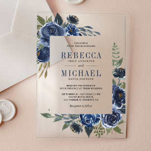 Invitations En Acrylique Mariage Champêtre Fleurs Bleu Nuit