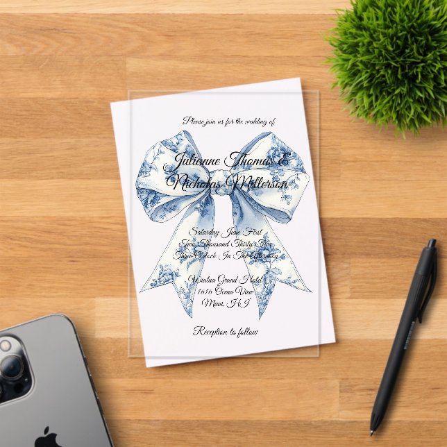 Invitations En Acrylique Mariage Chic Blanc Bleu Clair Ruban (Insitu (Carte d'invitation))
