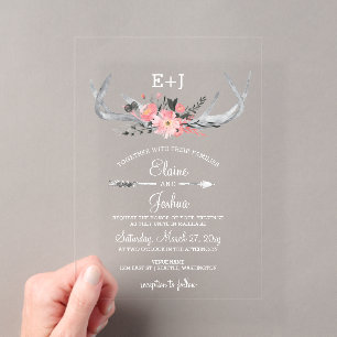 Invitations En Acrylique Mariage Chic Campagnard Fleurissant Blush et Marin