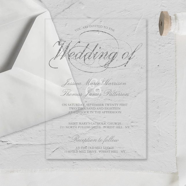 Invitations En Acrylique Mariage Chic Faux Feuille d'Argent Script (Créateur téléchargé)