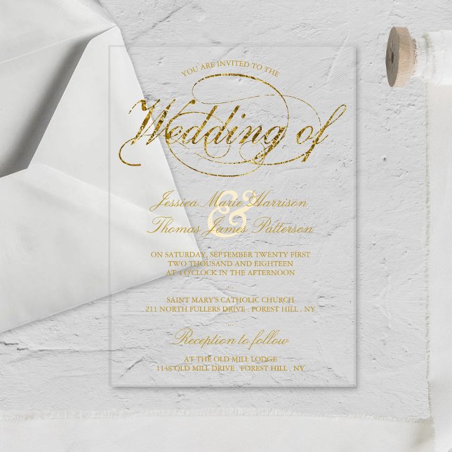 Invitations En Acrylique Mariage Chic Faux Papier D'or Écriture (Créateur téléchargé)