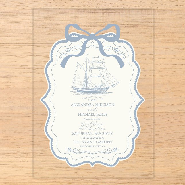 Invitations En Acrylique Mariage Chic Nautique Ruban (Recto)