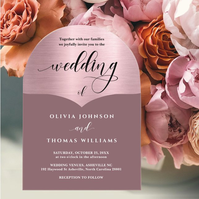 Invitations En Acrylique Mariage Chic Script Rose Gold Rose Arc (Créateur téléchargé)