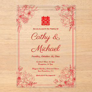 Invitations En Acrylique Mariage chinois cadre fleuri rouge beige oriental
