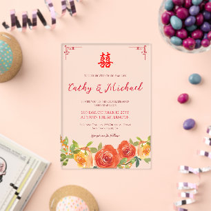 Invitations En Acrylique Mariage chinois floral jaune orange de printemps