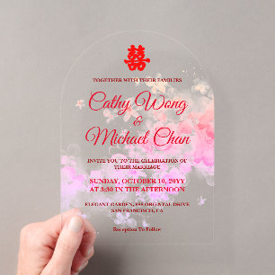 Invitations En Acrylique Mariage chinois moderne à l'aquarelle avec fleurs 