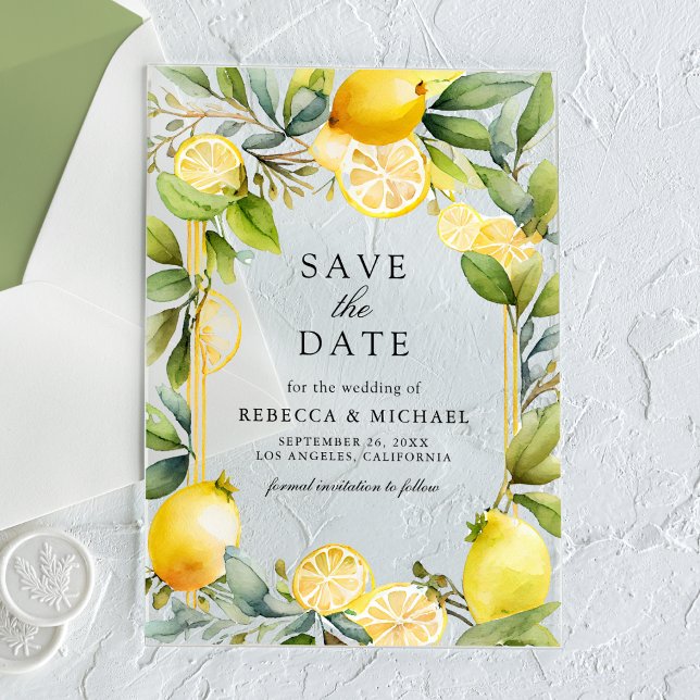 Invitations En Acrylique Mariage Citrus Citrus Lemon Orchard Enregistrer la (Créateur téléchargé)