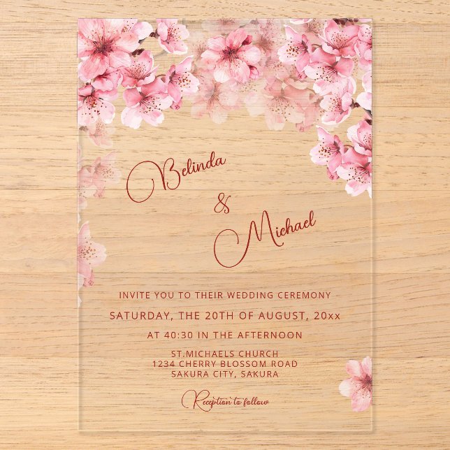 Invitations En Acrylique Mariage Clair sous les Fleurs de Cerisier (Recto)