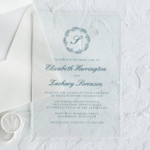 Invitations En Acrylique Mariage Classique Bleu Sarcelle Monogramme Couronn