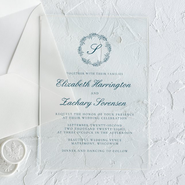 Invitations En Acrylique Mariage Classique Bleu Sarcelle Monogramme Couronn (Créateur téléchargé)