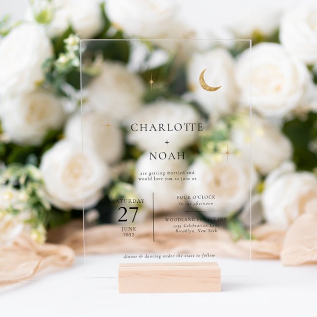 Invitations En Acrylique Mariage Classique Céleste Lune Étoiles Or (Créateur téléchargé)