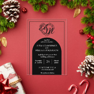 Invitations En Acrylique Mariage classique en noir et blanc avec monogramme
