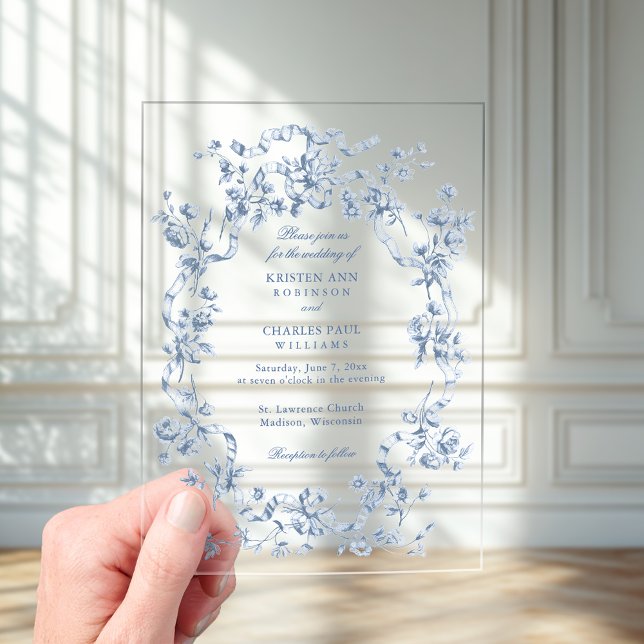 Invitations En Acrylique Mariage Classique Fleurs et Rubans Bleu Français (Créateur téléchargé)
