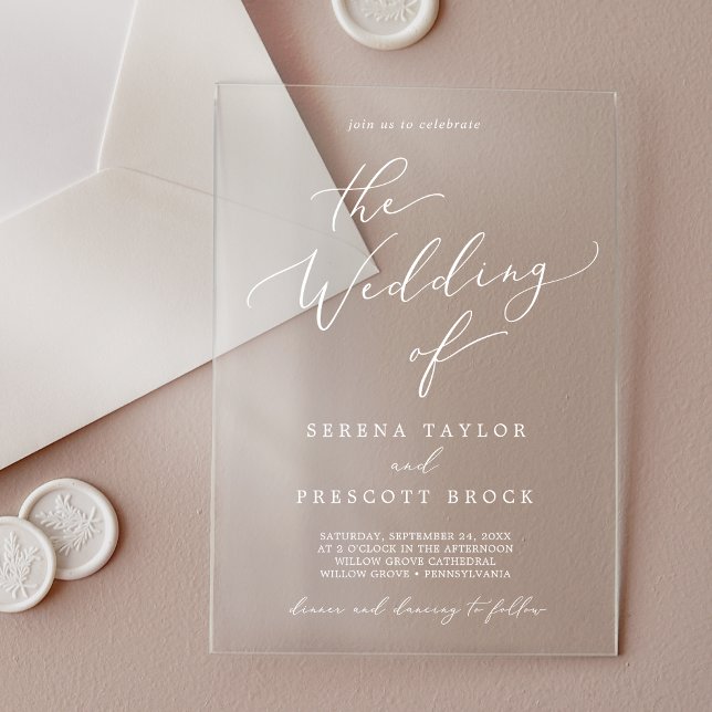 Invitations En Acrylique Mariage Classique Moderne Blanc Calligraphie Éléga (Delicate Calligraphy White Modern Classic Wedding Acrylic Invitations)