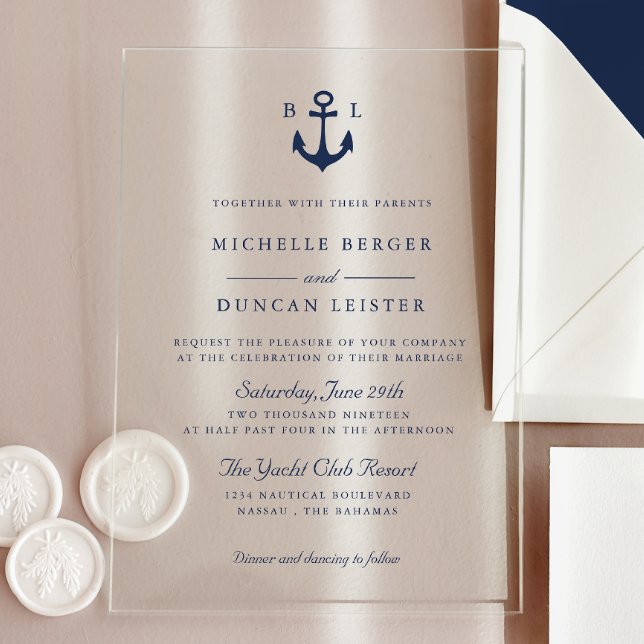 Invitations En Acrylique Mariage Classique Nautique à Monogramme Bleu (Créateur téléchargé)