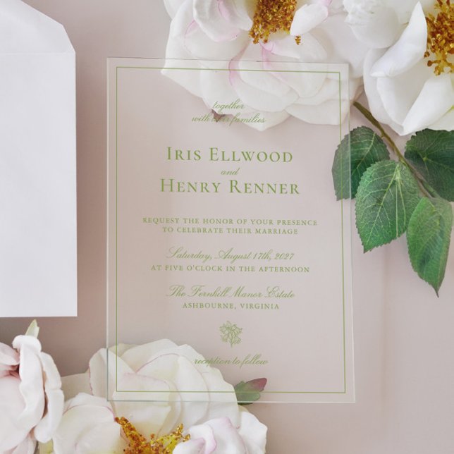 Invitations En Acrylique Mariage Classique Vintage Vert Sauge (Classic Vintage Sage Green Wedding Acrylic Invitations)