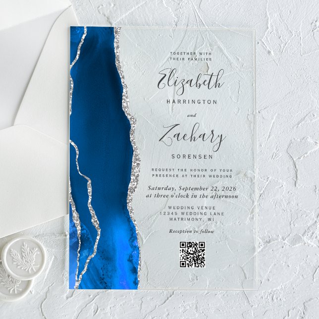 Invitations En Acrylique Mariage Code QR Agate Argent Bleu Royal (Créateur téléchargé)