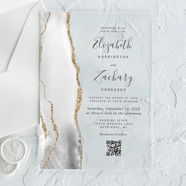 Invitations En Acrylique Mariage Code QR Agate Or Blanc Gris (Créateur téléchargé)