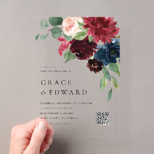 Invitations En Acrylique Mariage code QR botanique Bourgogne et bleu marine