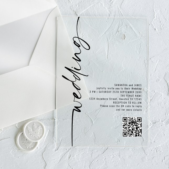 Invitations En Acrylique Mariage Code QR Calligraphie Tournée Noir (Créateur téléchargé)