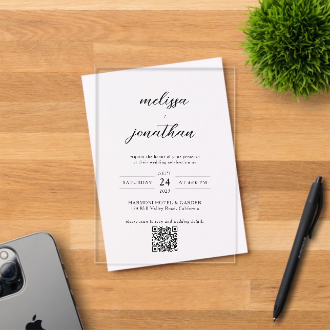 Invitations En Acrylique Mariage Code QR Écriture Calligraphique Élégante M (Insitu (Carte d'invitation))