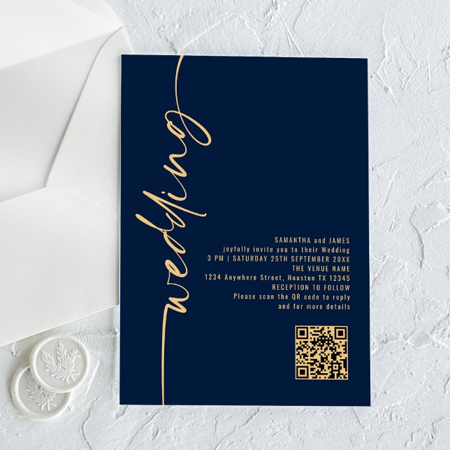 Invitations En Acrylique Mariage Code QR Script Or Bleu Marine (Créateur téléchargé)