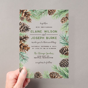 Invitations En Acrylique Mariage Cônes de Pin Feuillage Hiver Rustique