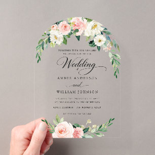 Invitations En Acrylique Mariage Couronne Florale Elégante Ivoire Rose