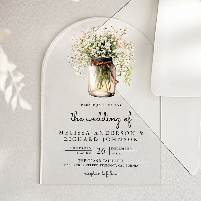 Invitations En Acrylique Mariage dans un pot Mason Baby's Breath rustique (Créateur téléchargé)